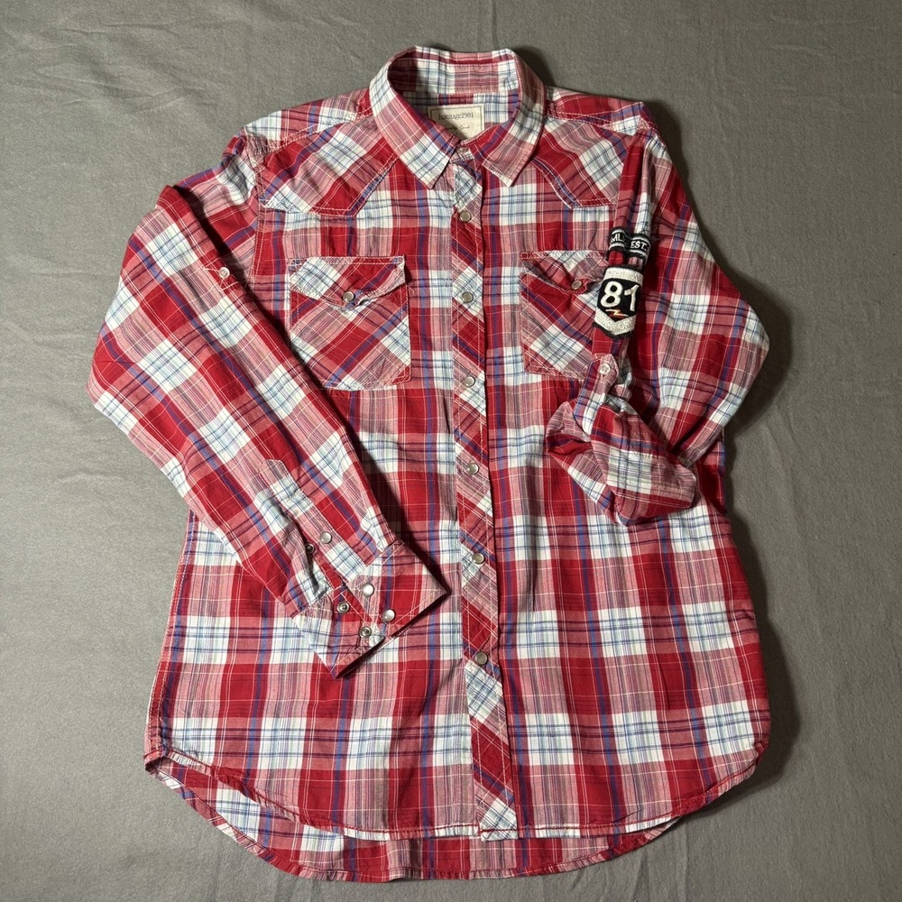 Heritage 1981 Western Snap Shirt‎ Mens Large Red Plaid Roll Tab Sleeve Button Up